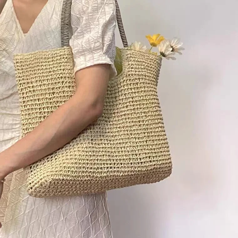 Natural Paper Straw Crochet Handmade Tote Bag Fashion Lady Beach Bag With Rope Handle