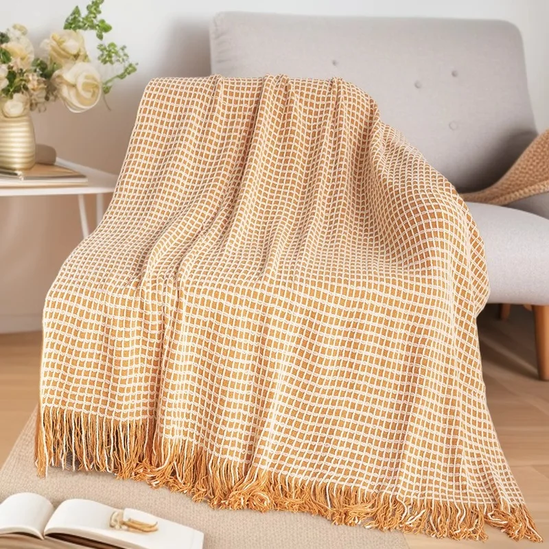 100% Acrylic  Eco-Friendly Modern Luxury Waffle Blanket with Tassels for All-Season Bedding & Decorative Use