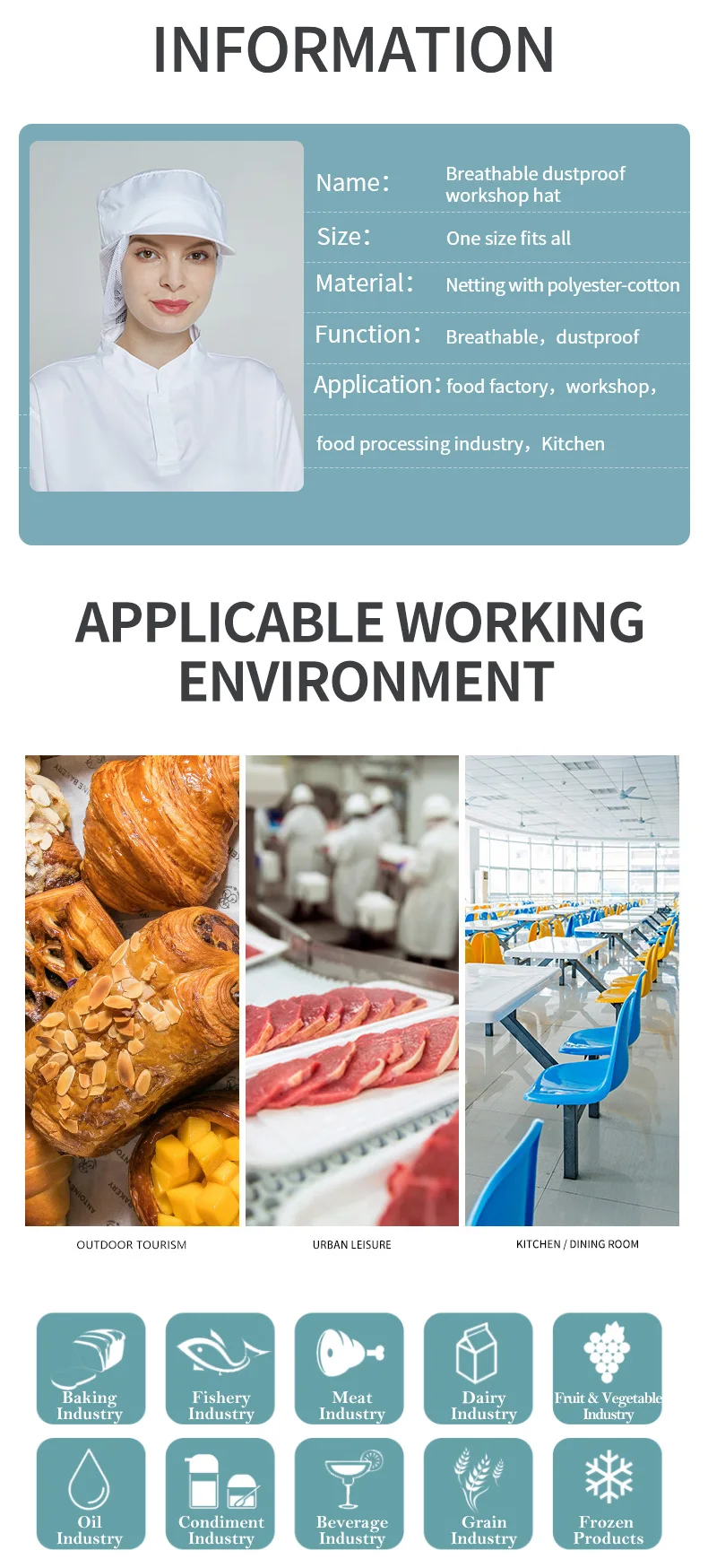 Lightweight Polyester-Cotton Food Processing Hat One Size Fits All for Food Factory and Workshop