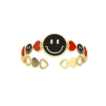 Popular sterling silver 925 jewelry round smiley smile face and heart shape oil drip enamel gold plated ring 925 silver jewe