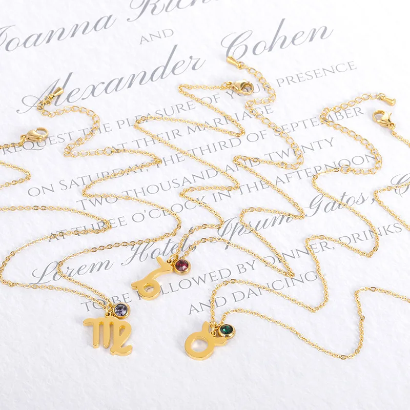 New Gold Color Colorful Birthstone Zodiac Sign Necklace Stainless Steel Pendant