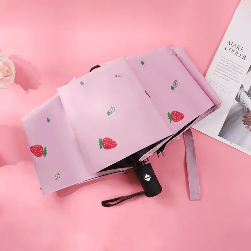 Ladies Three Fold Strawberry Dot Pattern Printed Manual Open Blue Umbrella