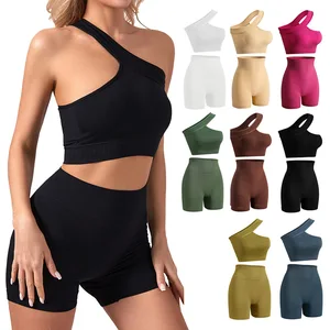 Women's Breathable Ribbed Seamless Quick Drying One Shoulder Biker Workout 2 Piece Set Activewear Quick Drying Sports Yoga Set
