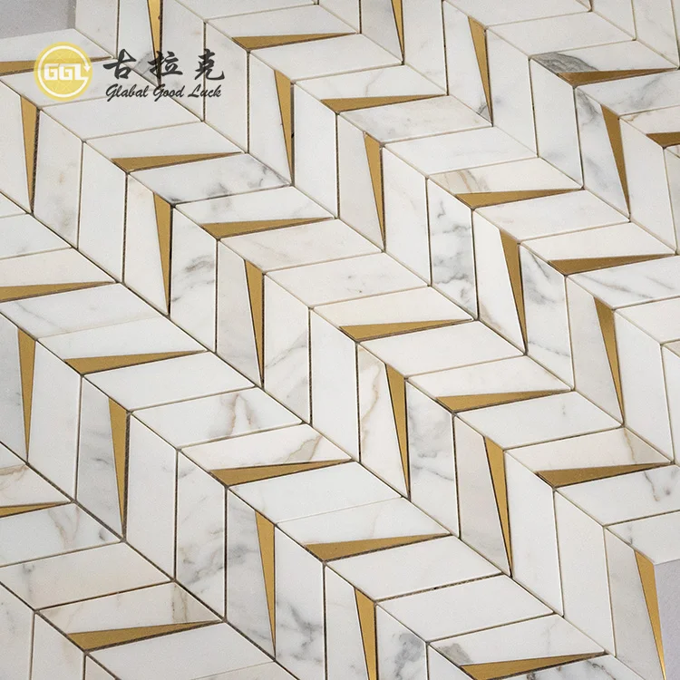 Chevron Marble Brass Mosaic Tiles For Wall And Floor Decoration & Marble Mosaics For Villa manufacture