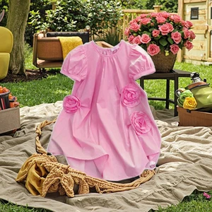 New Little Flower Ruffles Frock Girls Solid Short Puff Sleeve Leisure Princess Skirt O-Neck Woolen Summer Dress Clothes for Kids