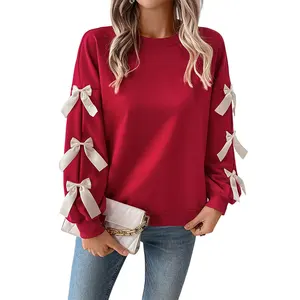 Autumn new collection: Sweet bow-decorated top for ladies' parties, round-neck Christmas red pullover