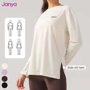 Janya 2026 Nude Feel Soft Elastic Breathable Sports Wear Boat Collar Long Sleeve Fitness Gym Clothing Loose Yoga Shirt for Women