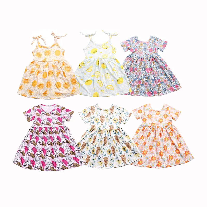 Детская одежда для девочек с цветочным принтом и короткими рукавами; Платье; Оптовая продажа; Летняя детская рисунком рукава-крылышки