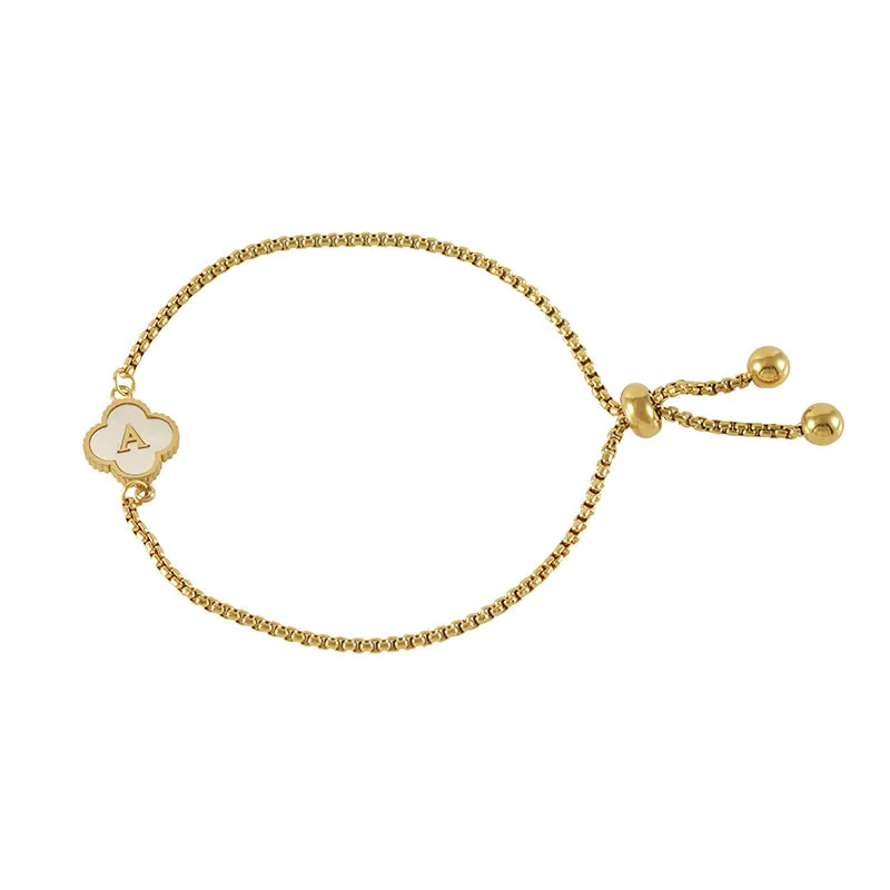 18K Gold Plated Waterproof Stainless Steel Chain Bracelet Trendy Four Leaf Clover Initial Letter Shell Bracelet