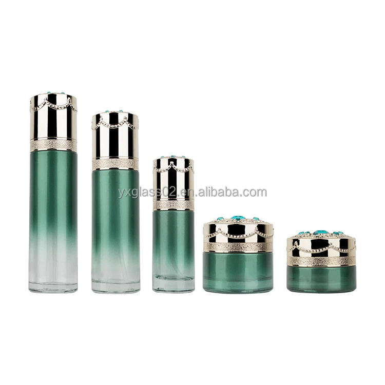 Cosmetic glass bottle set skincare cosmetic packaging glass container with Luxury lid carving craft pump spray cap details