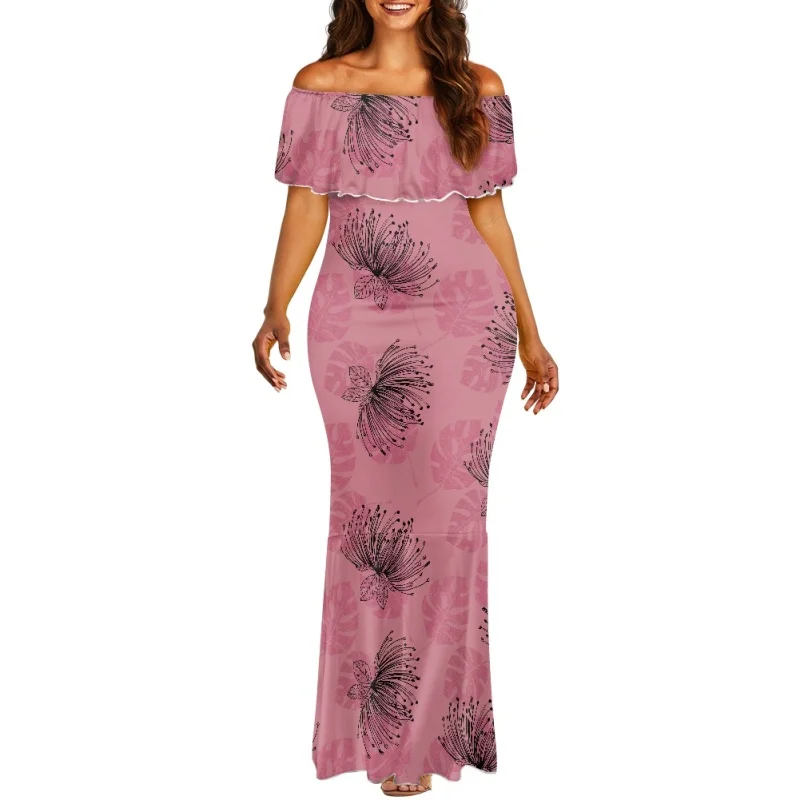 Print on Demand Aloha Ohia Lehua Ruffle Dress Custom Hawaiian Lehua Long  Fishtail Dress Wholesale Women Elegant Evening Dress