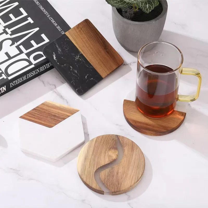 Marble Acacia Wood Heat Resistant Coffee & Tea Coaster Customizable Logo preview 2