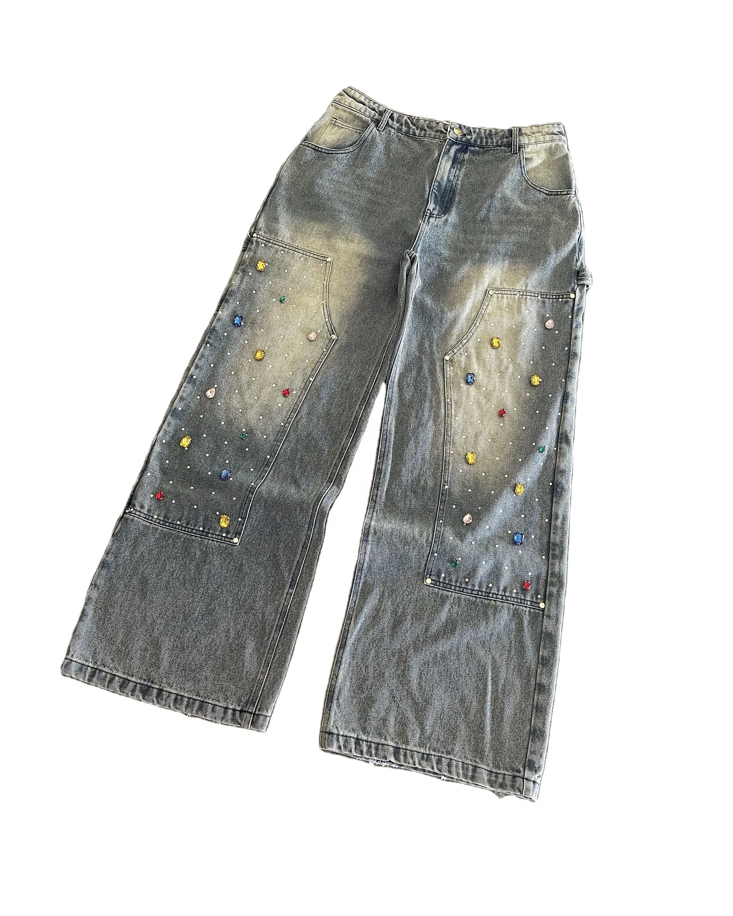 Custom Designer High Waist Rhinestone Oversized Wide Leg Acid Wash Distressed Baggy Carpenter Flare Jean Pant Denim Jean for Men gallery 4