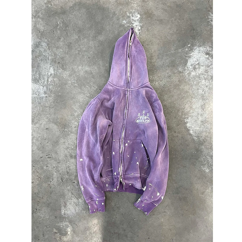 Wholesale Custom Men Women 100% Cotton Paint Splatter Streetwear Screen Printing Acid Wash Full Zip Sun Faded Oversized Autumn gallery 8