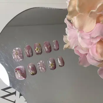 Custom Logo Short Almond Square Artificial  Nails Press on Wholesale Soft Gel Handmade French Tip Press on Nails Kit