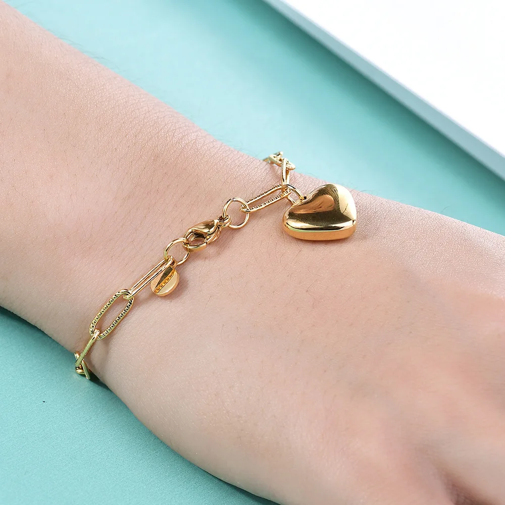 2022 New Arrival Rectangular Chain Bracelet Stainless Steel Bracelet Romantic Heart Pendant Bracelet for Women Girls