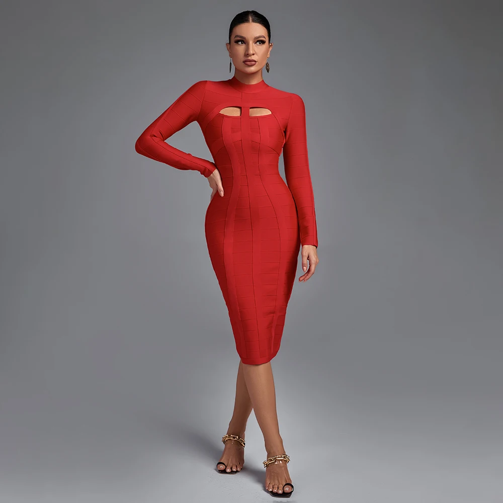 High Neck Cut Out 2022 Autumn Winter Long Sleeve Bandaged Dress Bodycon Women Midi Sexy Party Club Outfits Evening Dress High Neck Cut Out 2022 Autumn Winter Long Sleeve Bandaged Dress Bodycon Women Midi Sexy Party Club Outfits Evening Dress