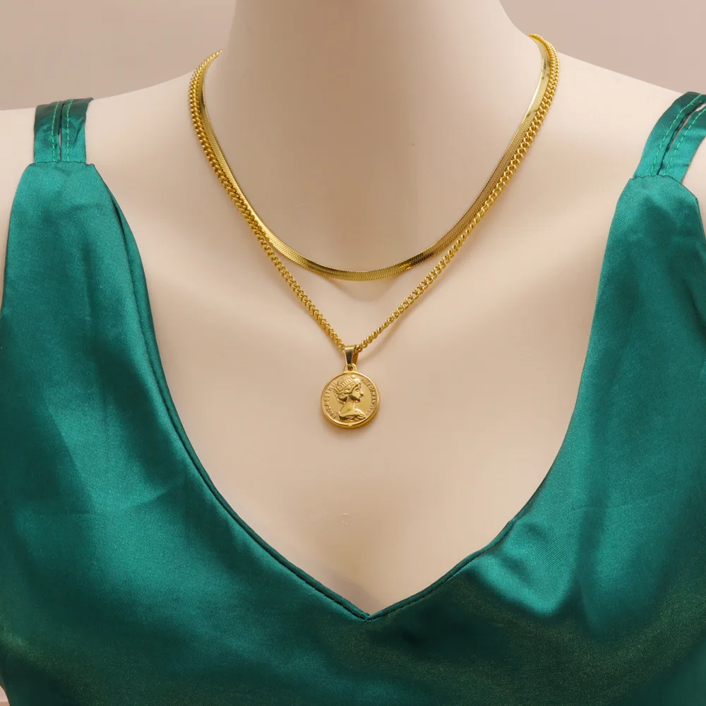 Vintage Double Layer Gold Plated Stainless Steel Queen Head Necklace
