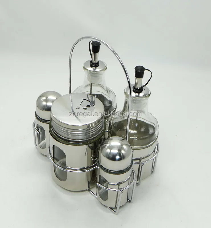 S/5 Glass Cruet Set With Stainless Steel And Metal Holder Buy Oil And Vinegar Cruet Sets