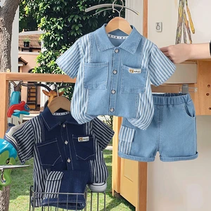 0-5Y Fashion Summer Boys Clothing Sets Casual Striped Print 2pcs Denim Shirt+Shorts Comfortable for Children