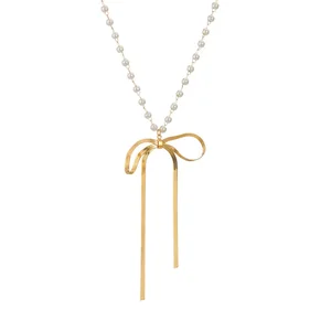 New Fashion Jewelry Pearl Bow Pendant Necklace 18k Gold Plated Stainless Steel Women Necklace