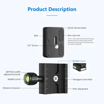 NEEWER Metal 50mm Quick Shoe Base Clamp and QR Plate with Bubble Level and Adjustable Lever Knob, Compatible with Arca Swiss detail image