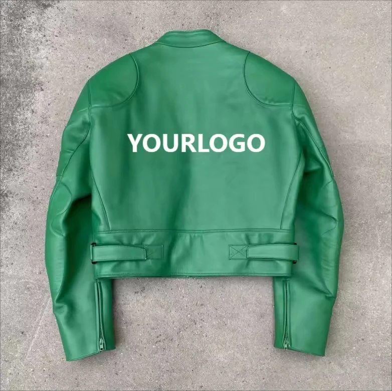 Custom LOGO Embroidery Patch Print Bikers Cropped Jacket Streetwear Motorcycle PU Leather Men Racing Jacket gallery 3