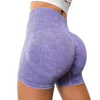 Customized seamless yoga shorts for women, sexy high waist, washed exercise, slim fit, push ups, exercise, cyclist