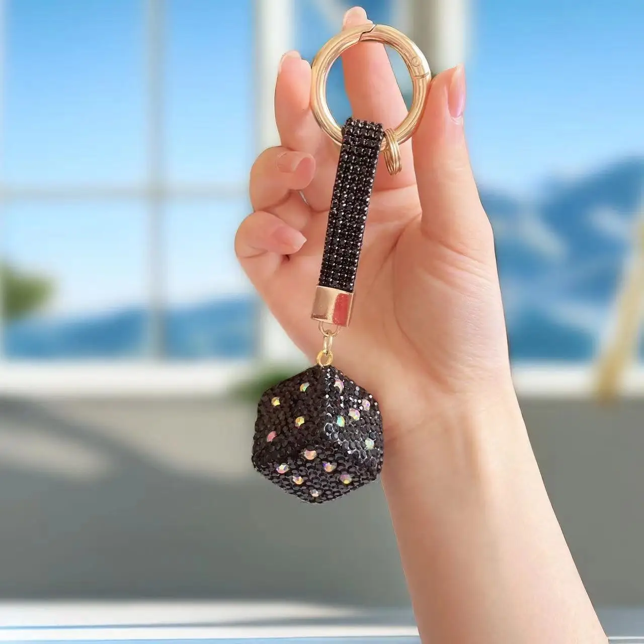 Rhinestone Dice-Shaped Keychain – Sparkling Embellished Pendant For Keys, Bag, Or Purse, Gold Tone, Assorted Colors - View #11