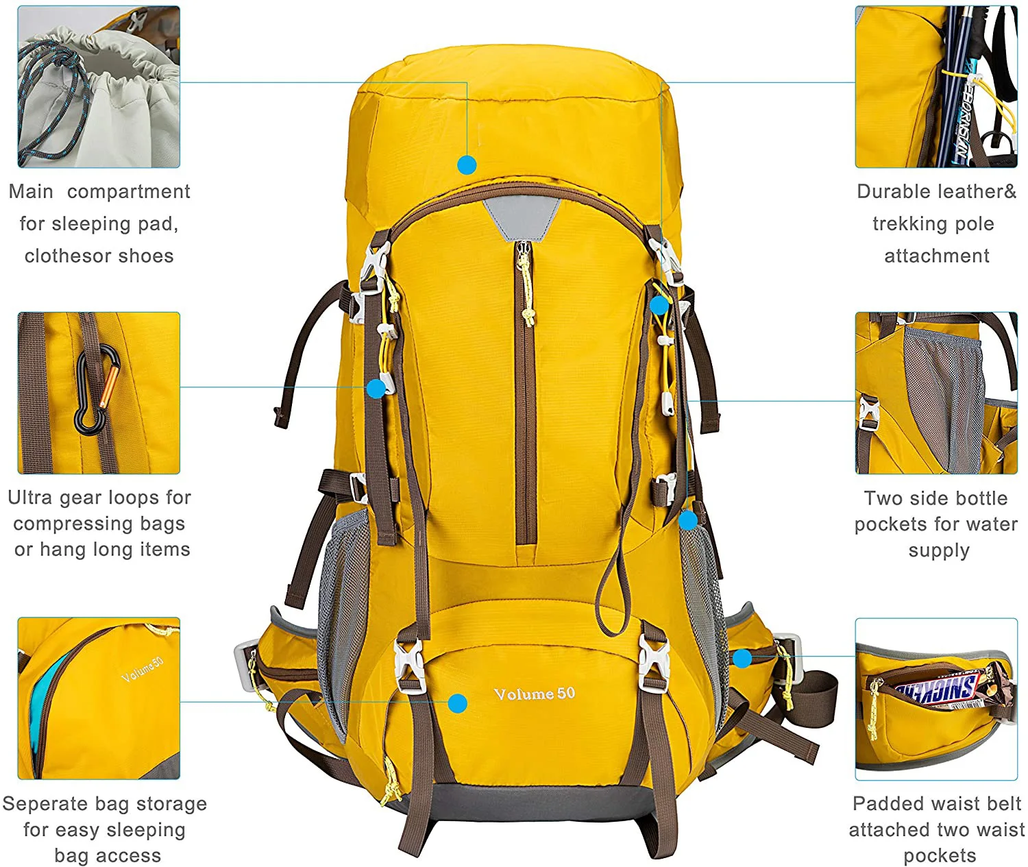Durable 50L Hiking Backpack Camping Outdoor Rucksack Travel Trekking Bag