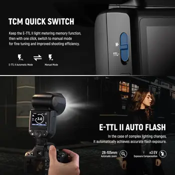 NEEWER Z2-C 2.4G TTL Round Head Flash Speedlite for Canon, Upgraded UI, 2 Adjustable Modeling Lamps, TTL/M Quick Switch TCM Key detail image