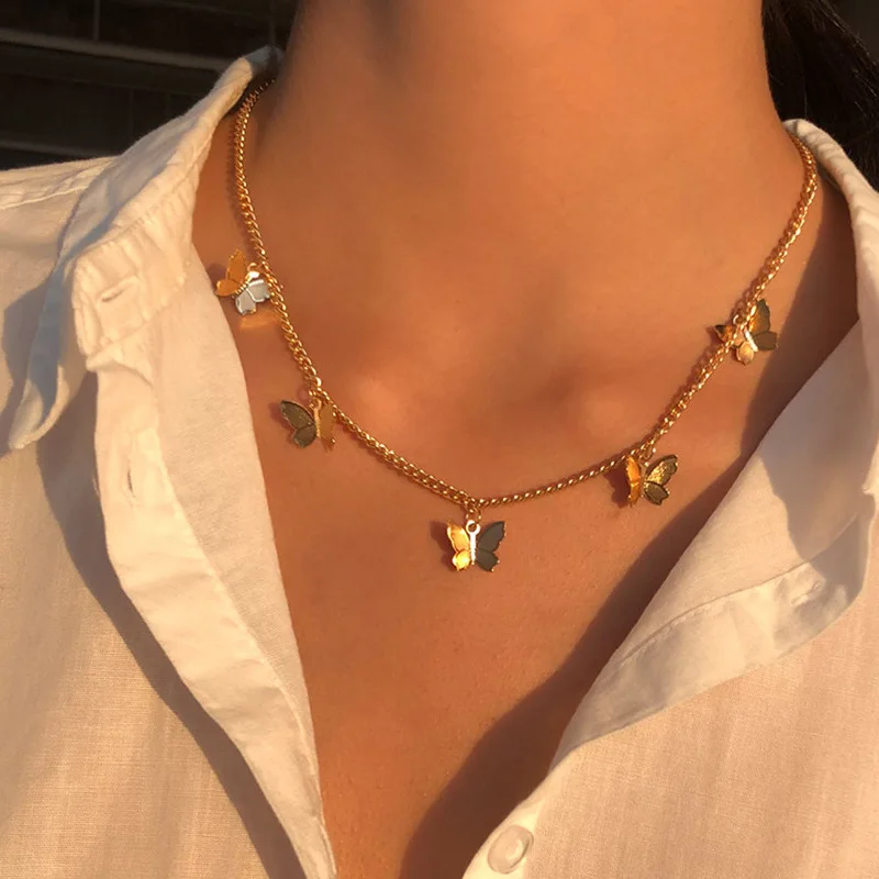 Gold Chain Butterfly Pendant Choker 