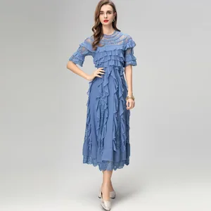Factory Wholesale Fashion Summer MIdi Dress Women Short Sleeve O-Neck Vintage Style Cascading Ruffles A-Line Party Dress
