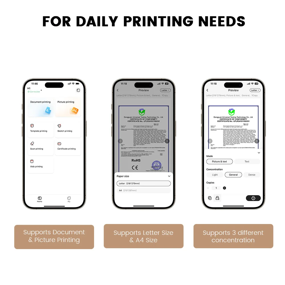 RYYES BT Interface Free APP A4 Size Wireless Small Size Mobile Phone Use Mini Portable Thermal Printer for Travel