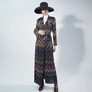 High Quality Polyester Long Trench Coat for Muslim Women Conservative Dress Belt Miyake Pleated Print Kaftan Robes
