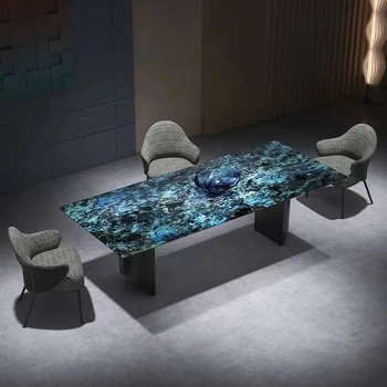 Blue Italian Luxury Marble Dining Table Home Dinning Table Set 8 Chairs ...