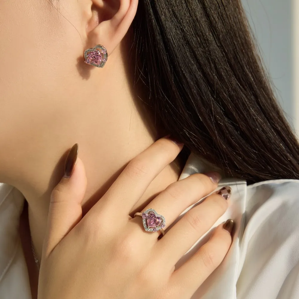 KAKODIY Shiny 925 Sterling Silver Birthstone Stud Earrings Women Heart Monolithic Pink 5A Cubic Zirconia Stud Earrings Fine Gift detail 2