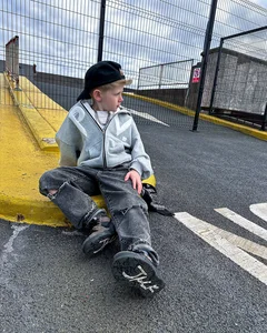 New Design Custom Heavyweight Streetwear Zip up  Puff Print Jicket Hoodies and Broken Copper Denim Pants Two Piece Tracksuit