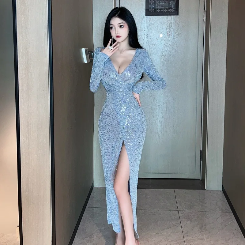 Fashion Crystal Evening Clothing Tops 2024 New Heavy Sequins V Neck High Waist Elegant Long Dress Sexy Women Party Dresses 35W9 2