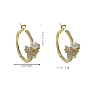 14K Copper Gold-Plated Ear Ring Trendy Micro-Inlaid Synthetic Zircon Butterfly Pearl Earrings Exquisite Fashion Wholesale