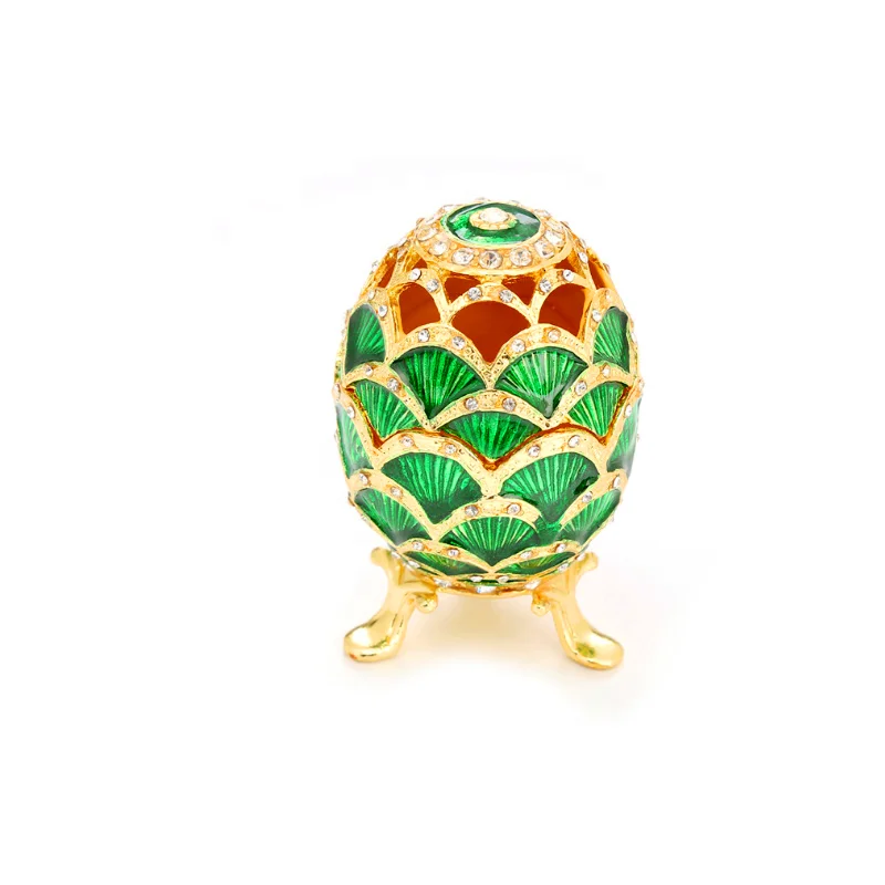 Enamel Green Metal Faberge Russian Egg Open Vintage Easter Gift Jewelry Box 