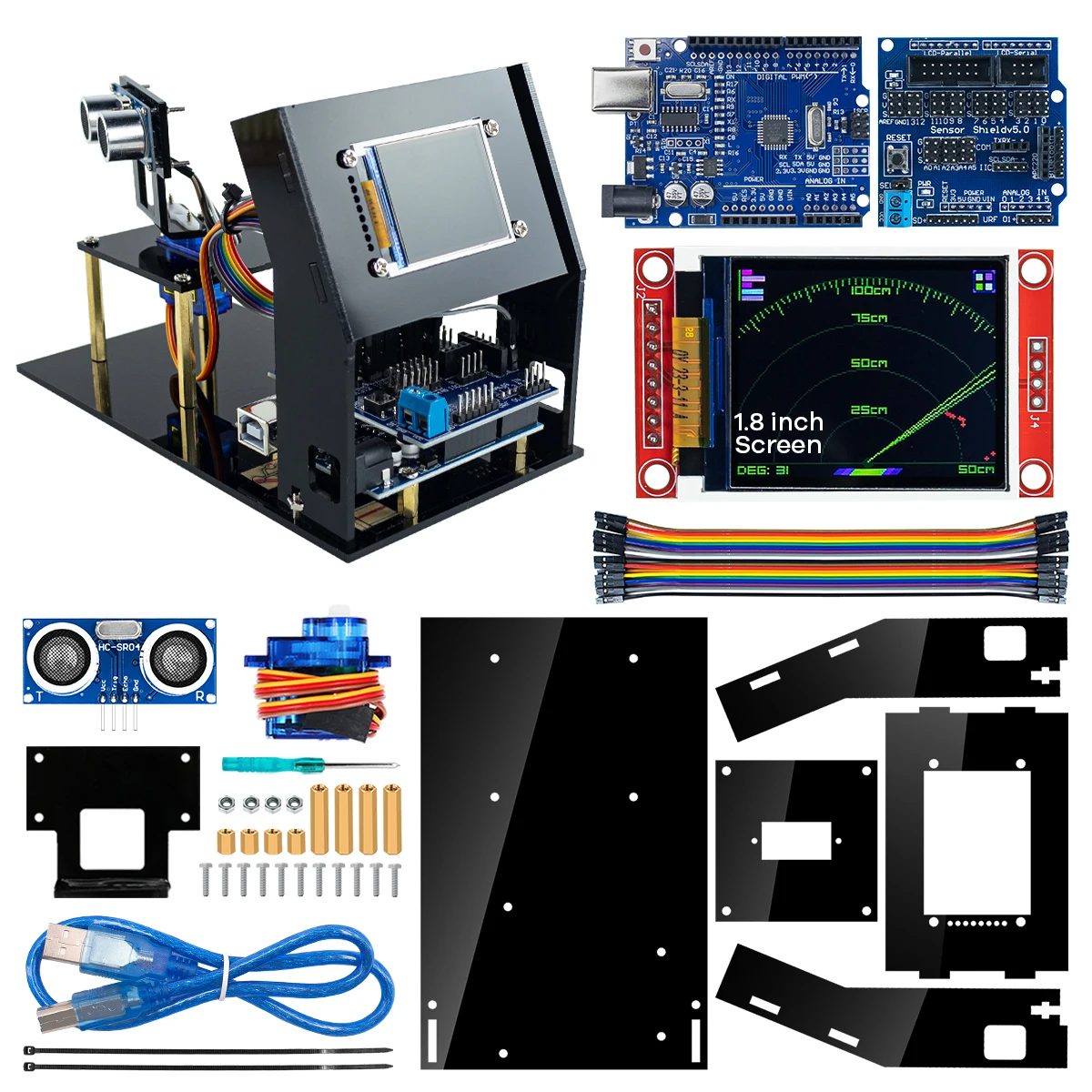 LAFVIN Simulation Ultrasonic Radar Sensor Module 180-Degree Scanning Detector With 1.8" SPI TFT Screen for Arduino Kit
