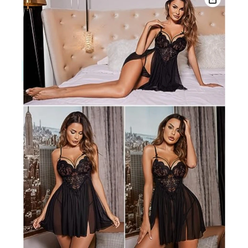 Exotic Women Sexy Lingerie Set V-neck Lace Side Slit Nightgown + Matching  Thongs Suit Plus Size Lady Sexy Pajamas Lingerie
