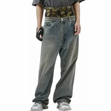 Men's Hip Hop Vintage Baggy Jeans Camo Double Waist Denim Jeans Custom Wide Leg Blue Washed Denim Pants