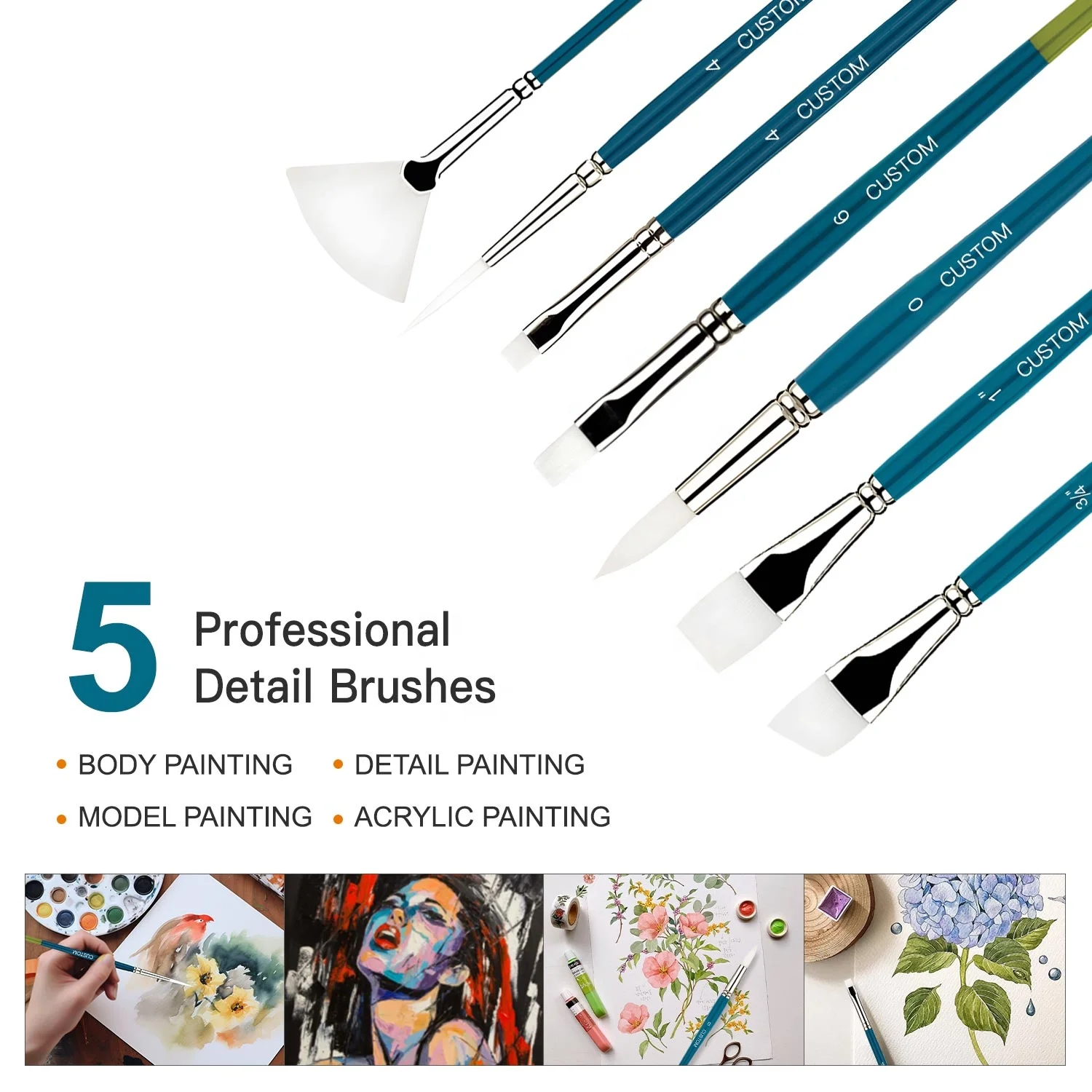 Quality 7PCS White Nylon Hair Two Color Wood Handle Fan Round Flat Angular Liner Shape Design Acrylic Paint Brush Sets