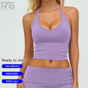 Roregal Fashionable Workout Tank Tight-Fit Women's V-Neck Halter Sports Vest With Chest Pad for Outdoor Running Gym