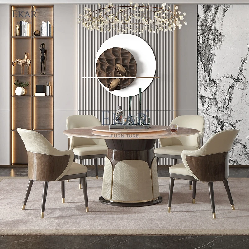 product new design embossed microfiber round dining room dining table dining table and chair set-59