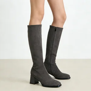 Women's Gray Faux Suede Knee-High Boots - Zipper Detail Block Heel Slim-Fit Footwear 2026 Autumn