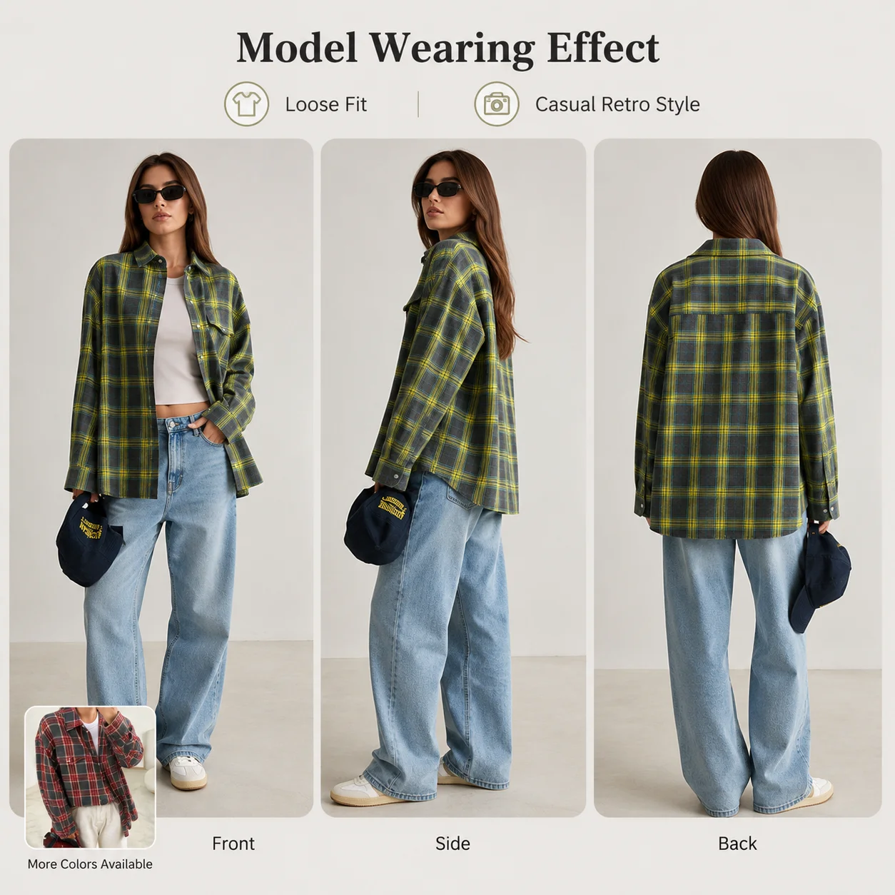 Cute Retro Versatile Turn-Down Collar Loose Shirt Autumn Plaid Long Sleeve Pocket Broadcloth Women's