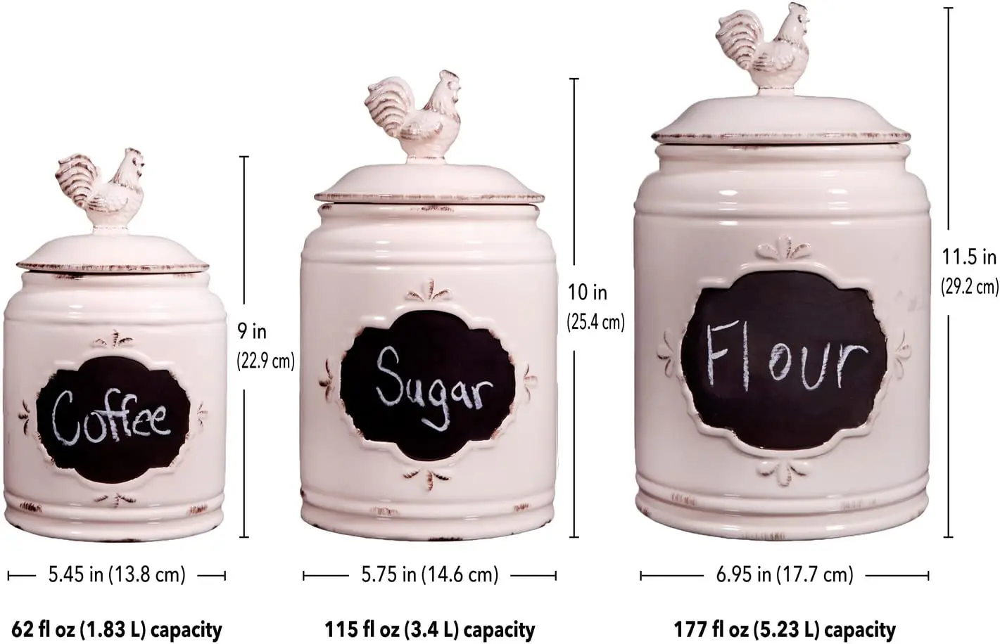 Ceramic Kitchen Canisters Set of 3 Antique Jars for Kitchen Storage with Rooster Lid and Chalkboard